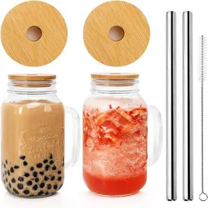 批发可重复使用的方形饮料杯便携式12盎司玻璃梅森罐子，带盖手柄和不锈钢吸管，用于果汁
