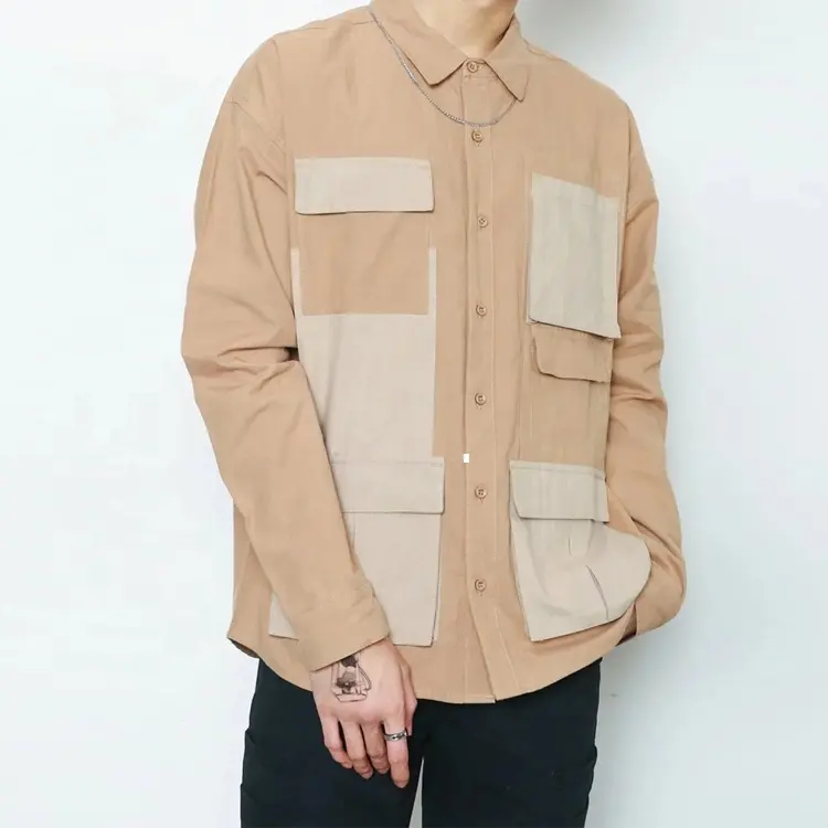 Custom Stylish Men's Cargo Jacket Long Sleeve Casual Button Front Patch Pocket Color Block Vintage Two Tone Shirt for Mens