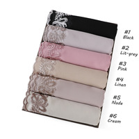 Voile Hijab Premium en Mousseline de Soie avec Broderie Papillon et Dentelle, Couleur Unie, Perles, Léger et Confortable