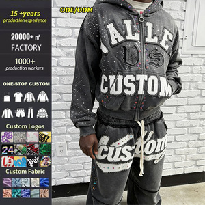 Sudadera con capucha oversize para hombre, con cremallera, 100% algodón, con parches de strass personalizados estilo streetwear, bordados, con lavado ácido y efecto desgastado por el sol. Proveedor líder. - Product Image 3