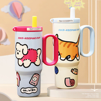 Tumbler Gagang Stainless Steel SUS316 750ml, Motif Anjing Kartun Lucu, Mug Sedotan Vakum Terisolasi, Cangkir Air Portabel untuk Perjalanan dan Mobil