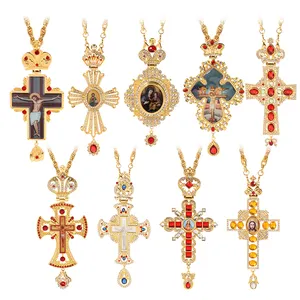 Religious Jesus Byzantine Cross Pendant Necklace Gold Plated Russian Big Heavy Orthodox Catholic Cross Necklace with Box
