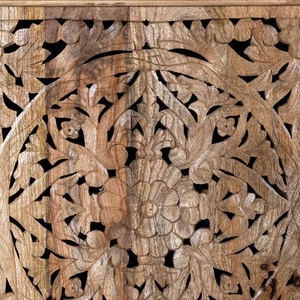 <b>Rustic</b> Farmhouse Inspired Solid Wood Storage Credenza With Artistic Hand Carved Patterns And Large Cabinet Space - Product Image 4