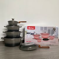 Set Panci Enamel Anti Lengket Vmigo 9 Buah Desain Modern Sederhana Aman untuk Mesin Cuci Piring Cocok untuk Kompor Gas dan Induksi Model VM-9001 untuk Menggoreng dan Merebus