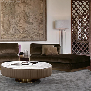 <b>High</b>-end Metal Base <b>Side</b> <b>Table</b> Italian Luxury Modern Leather Upholstered Round White Marble Coffee <b>Table</b> - Product Image 1