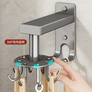 <b>Rotating</b> Wall Mounted <b>Storage</b> <b>Rack</b> Stainless Steel Kitchen Utensil Organizer Multifunctional With Hooks For Tableware - Product Image 2