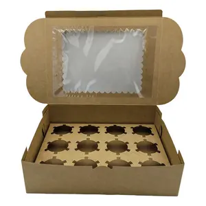 Factory Wholesale Customized Cup Cake Packiging Kraft Paper Folding Cupcake Packaging Box 12 Hole With Window