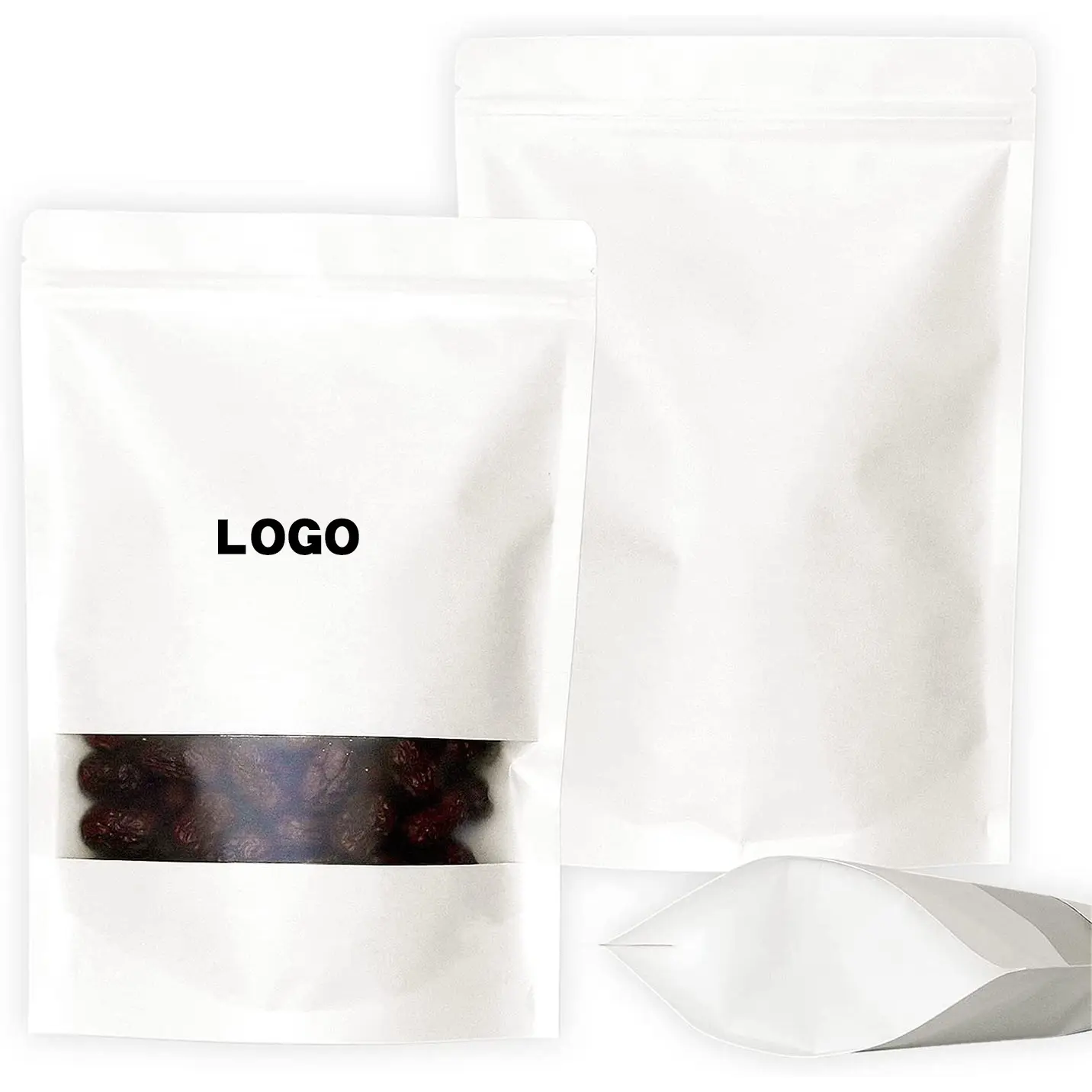 Benutzer definierte heiß versiegelte umwelt freundliche Verpackung Tasche Reiß verschluss Lebensmittel weiß stehen Mylar Tasche mit Fenster