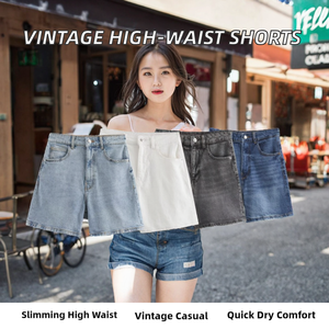 Shorts en jean vintage d'été pour femme, taille haute, coupe droite, décontracté, amincissant, délavé, à séchage rapide - Product Image 2