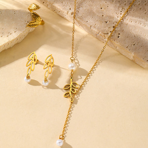 <span class=keywords><strong>Set</strong></span> Kalung/Cincin/Anting Rantai Baja Tahan Karat dengan Liontin Daun dan Mutiara untuk Wanita, Perhiasan Fashion Elegan untuk Wanita - Product Image 4