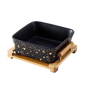 Nordic Modern <b>square</b> Marble Stone Fruit and Vegetable Salad Wooden Frame Ceramic Storage Bowl - Product Image 5