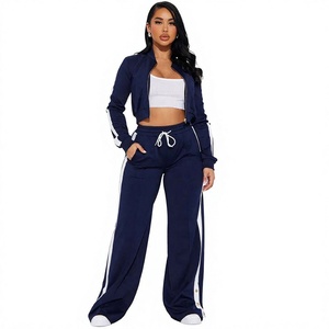 Mono azul marino para mujer, de manga larga, cintura alta, pantalón de pierna ancha, con rayas laterales, estilo casual urbano, tejido transpirable, largo completo. - Product Image 1