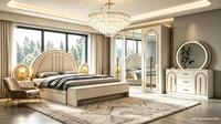 Suite complète de chambre à coucher de style turc, transfrontalière, avec cadre de lit simple rembourré en tissu, éclairage LED et tiroirs de rangement, design arc-en-ciel
