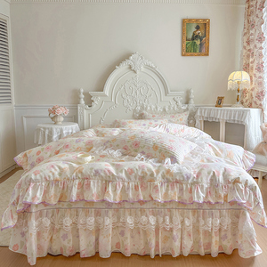 <span class=keywords><strong>Parure</strong></span> <span class=keywords><strong>de</strong></span> <span class=keywords><strong>lit</strong></span> 4 pièces en coton 100% style français, <span class=keywords><strong>avec</strong></span> volants en dentelle et motifs floraux, style princesse, pour la maison - Product Image 6