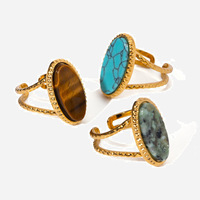 Bague élégante en pierre naturelle avec bagues en pierre précieuse turquoise au design ovale réglable en acier inoxydable or 18 carats