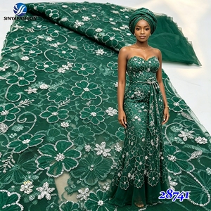 Tissu en dentelle africaine 3D Sinya de haute qualité avec fleurs, perles et sequins, 5 yards, en tulle <span class=keywords><strong>français</strong></span> pour robe de mariée Aso Ebi - Product Image 1