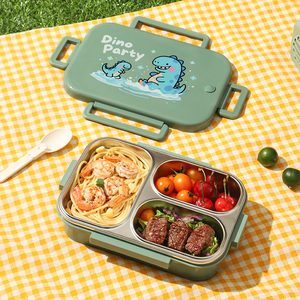 Caja Bento para niños a prueba de fugas, contenedor de almuerzo de acero inoxidable con compartimentos sellados, patrón de dibujos animados de dinosaurio para aperitivos escolares - Product Image 5