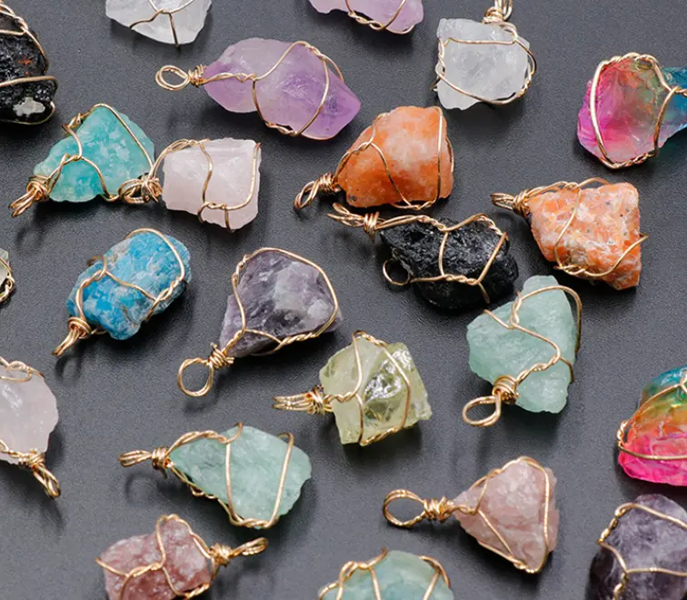 golden wire wrap Irregular Druzy Stone Pendant Charms Amethyst Rose Quartz Blue Agate Hot Natural Stone Pendant for DIY Necklace