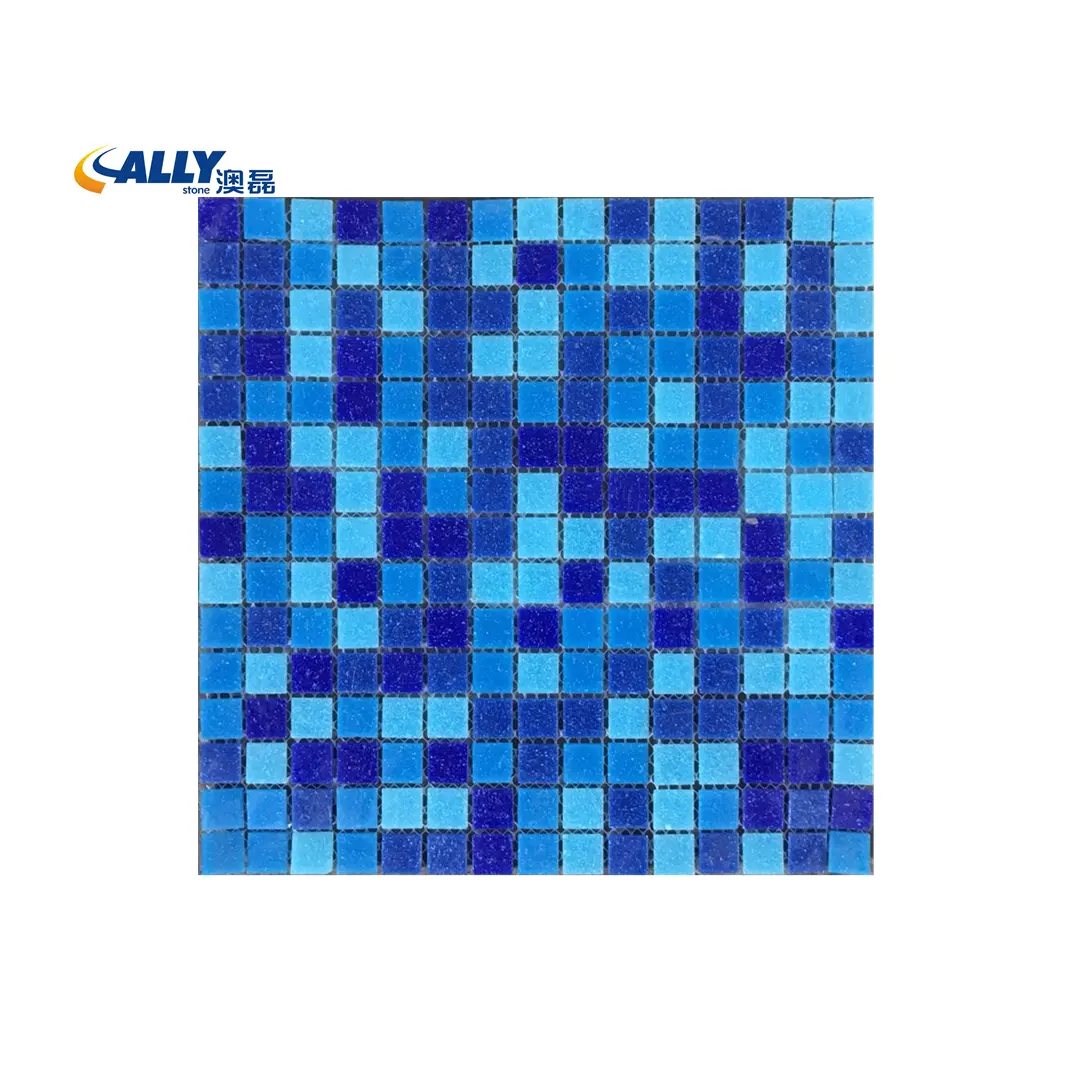 ALLY STONE Wholesale Mix Colors Wall Swimming Pool Square Crystal Mosaic Outdoor Blue Square Glass Tile Mosaic