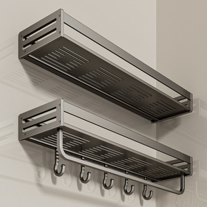 Wall Mounted Aluminum Storage Rack <b>With</b> <b>Hooks</b> And <b>Shelves</b> Punch Free Rectangle Design For Kitchen - Product Image 1