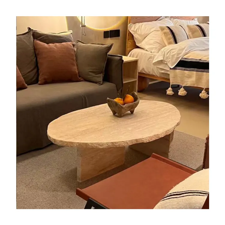 Mesa de mármol ovalado minimalista para sala de estar, mesa de centro de diseño italiano de lujo, travertina, nórdica