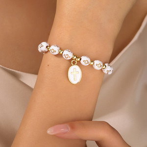 Pulsera de cuentas con colgante de cruz ovalada única para hombres y mujeres, pulseras de oración para bautizo, regalos de joyería para parejas - Product Image 5
