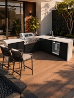 Cuisine extérieure modulaire en forme de L en acier inoxydable, barbecue compact à gaz 5 brûleurs écologique avec évier et réfrigérateur à boissons, îlot BBQ