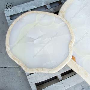 Runder Großer Moderner Nordischer Couchtisch für das Wohnzimmer, Wolkenform aus Travertin, Basis Glänzender Weißer Onyx, verschachteltes Marmor-Design - Product Image 4