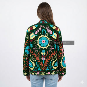 Veste en velours Suzani faite à la main, broderie |   Manteau d'hiver bohème pour femmes |   Tissu indien brodé à la main, longueur standard, coton - Product Image 3