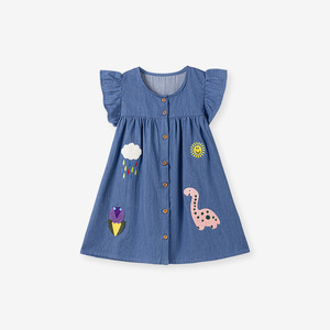 Vestito Estivo per <span class=keywords><strong>Bambina</strong></span> in Denim di Cotone a Maniche Corte con Applicazioni e Motivi Cartoon, Servizio OEM - Product Image 6