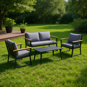 Set da Giardino con Divano, Due Sedie e Tavolino, Struttura in Acciaio Nero, Braccioli in Legno di Teak, Design Contemporaneo Resistente alle Intemperie - Product Image 2