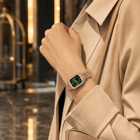 Reloj de Pulsera de Cuarzo para Mujer, Diseño de Lujo Ligero, Esfera Rectangular Verde con Diseño de Cielo Estrellado, Correa de Aleación Impermeable, Espejo de Cristal