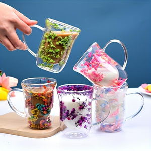 Wholesale 300ml Heat Resistant Mug Double Layer Glass Cup Double Wall Glass Coffee Cup with Dry Flower - Product Image 1