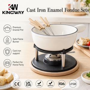 Ensemble de <span class=keywords><strong>fondue</strong></span> en fonte émaillée pour fromage et chocolat avec base en bois - Product Image 1
