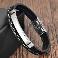Bracelet Homme Personnalisé en Cuir Véritable et Acier Inoxydable avec Plaque à Graver pour Logo ou ID – Breloque Barre à Estamper