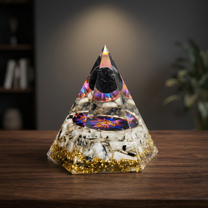 Orgonite Pyramid Figurine Sculpture with Handmade Gold Engraving and Copper Coil Internal Design for Home <b>Decoration</b> - Product Image 2