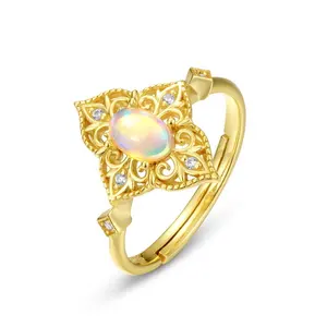 Fashion Silver Gold Plated Hollow Ring Jewelry Women Wedding Factory Wholesale Oval Shape Natural Opal Ring