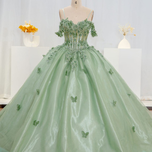 Vestidos de Quinceañera Verde Claro con Hombros Descubiertos, Vestidos de Fiesta de Cumpleaños con Cuentas y Flores 3D para Niñas, Lsyb08 - Product Image 3