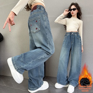 Jeans a Gamba Larga con Rivestimento in PU e Fodera in Pile Stampati per Ragazze delle Scuole Medie, Nuovo Stile Autunno-Inverno 2025 - Product Image 3