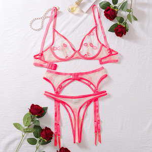 High Quality <strong>Japanese</strong> <strong>Cute</strong> Girl Embroidery <strong>Lingerie</strong> Mesh Perspective Sexy Underwear Three-Piece Set Sexy Ladies Push up Bra Sets - Product Image 6