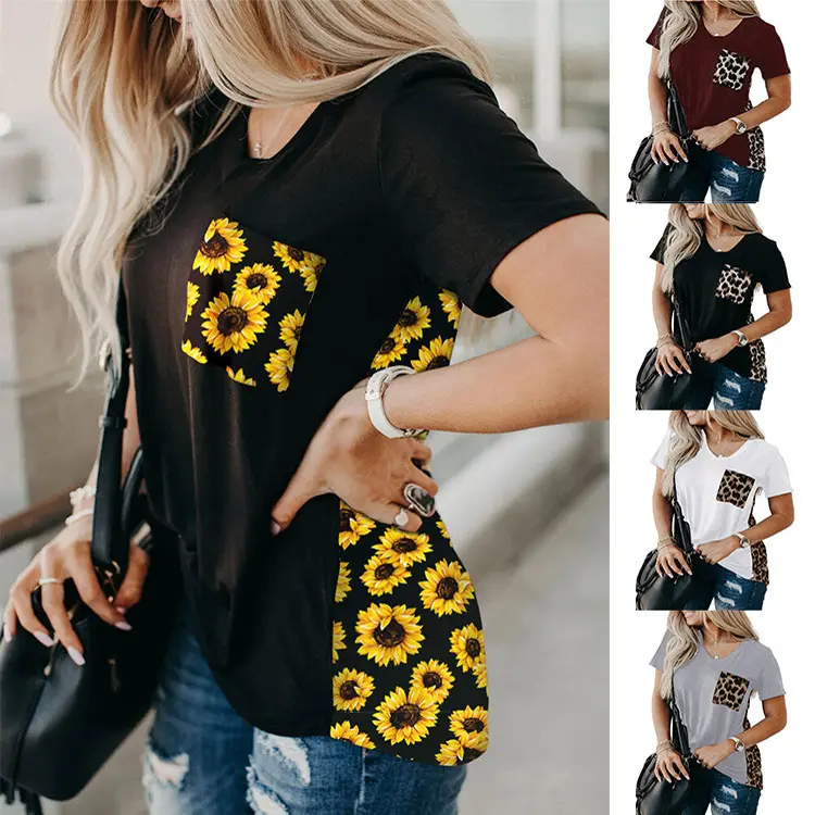 Ranzhuo Hot Sale Summer Fashion Sunflower Leopard Print Ladies Loose Blouse And Top Women Short-sleeved Casual Clothing T Shirt