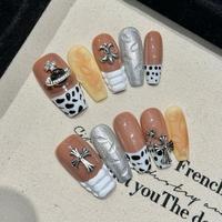 Ongles en forme de cercueil 3D, moyens, à bout français, motif vache, faits à la main, à presser, en ABS, 10 pièces, ensembles d'ongles en forme de cercueil 3D, moyens