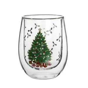 ספל קפה זכוכית קלאסי גדול כפול קיר 370 מ""ל עץ חג המולד מודפס בפנים לשימוש ביתי או למסיבה