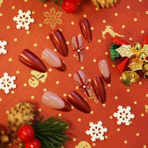 <span class=keywords><strong>Uñas</strong></span> Postizas Rojas <span class=keywords><strong>de</strong></span> Navidad con Punta Francesa Almendrada Mediana y Lazo, con Acento <span class=keywords><strong>de</strong></span> Perla, <span class=keywords><strong>Uñas</strong></span> Acrílicas Rojas Vino Brillantes para Mujer, Venta al por Mayor - Product Image 3
