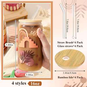 12 oz 16 oz Borosilicate Glass Can <b>Cup</b> Pint Tumbler with Bamboo <b>Straw</b> <b>Lid</b> Modern Style Dishwasher & Microwave Safe for Adults - Product Image 2
