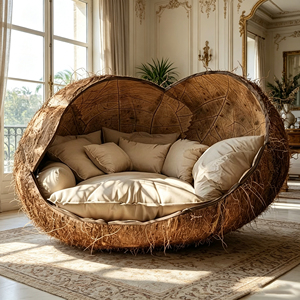 Fauteuil de salon texturé en coquille de noix de coco naturelle, en forme d'œuf, pour la décoration de salon de style Wabi Sabi - Product Image 5