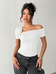Camiseta Elegante y Sencilla para Mujer, con Hombros Descubiertos, Color Sólido, Informal, <span class=keywords><strong>de</strong></span> Poliéster, para Oficina - Product Image 5