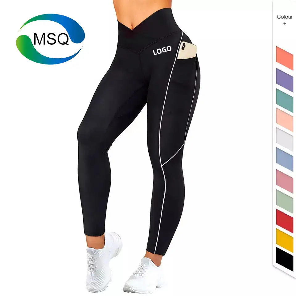 Custom Women V Cross Waist Reflective V Shape Leggings Gym workout Scrunch Butt Leggings Crossover V Cut Leggings with Pocket