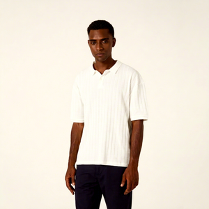 Men's White Yarn Dyed Front <b>Logo</b> Knitted for Shirt Short Sleeve Regular Fit Casual Breathable Cotton Heavyweight Top - Product Image 1