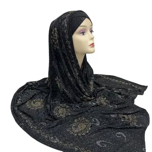 MS-2108 High quality jersey scarf hijab Jacquard head scarves 3 piece set women stoles cotton shawl muslin rhinestones hijab